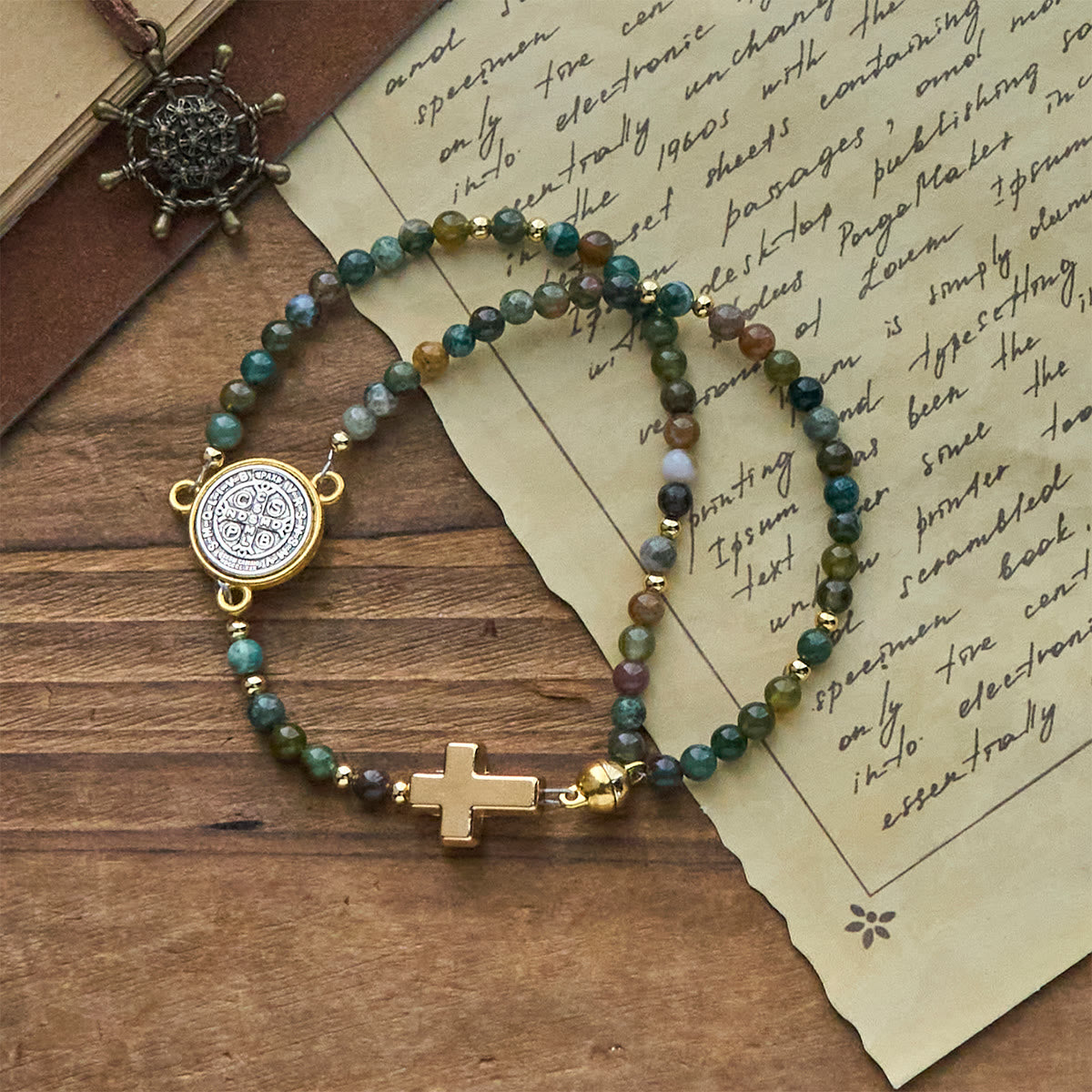 FREE Today: Handmade Earth Tone Rosary Bracelet with Cross & St. Benedict Charm