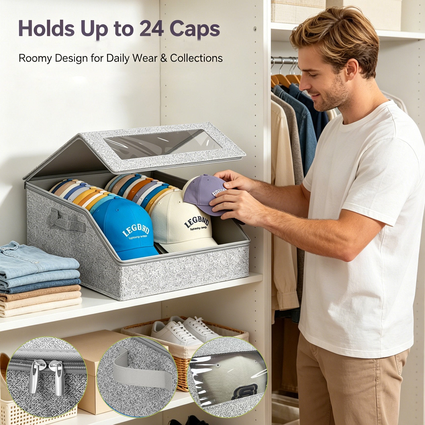 🧢 Baseball Cap Storage Box – Dust-Proof Design & Clear Viewing Window